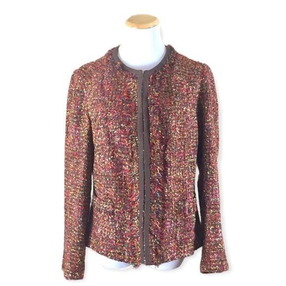 CHICO'S Tweed Brown Career Blazer Jacket 1 MEDIUM Classic Office Rainbow Knit - Picture 1 of 9